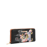 Front angle of Nicole Lee Family Yearbook printed zip wallet part of the Family Yearbook 3-in-1 set! A playful design that’s perfect for any occasion with a fun mix of dogs and cats stylishly dressed in flowers and pearls with a city scape line drawing background. 
