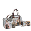 Front angle of vegan leather LADIES NIGHT OUT 3 PIECE SET (Handbag, Crossbody, Wallet) featuring a large dome shaped zip handbag with dual handles, a top handle crossbody, and a zip wallet for 3-in-1 versatility. 
