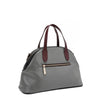 Back angle of vegan leather Ladies Night Out dome shaped handbag part of LADIES NIGHT OUT 3 PIECE SET (Handbag, Crossbody, Wallet). Dome shaped zip handbag with convenient back zip pocket. Gray back with maroon red dual top handles. 