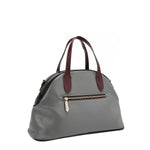Back angle of vegan leather Ladies Night Out dome shaped handbag part of LADIES NIGHT OUT 3 PIECE SET (Handbag, Crossbody, Wallet). Dome shaped zip handbag with convenient back zip pocket. Gray back with maroon red dual top handles. 
