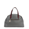 Back of vegan leather Ladies Night Out dome shaped handbag part of LADIES NIGHT OUT 3 PIECE SET (Handbag, Crossbody, Wallet). Dome shaped zip handbag with convenient back zip pocket. Gray back with maroon red dual top handles. 
