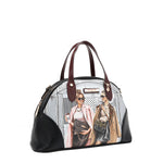 Front angle of vegan leather Ladies Night Out dome shaped handbag part of LADIES NIGHT OUT 3 PIECE SET (Handbag, Crossbody, Wallet). Dome shaped zip handbag with dual top handles and side D-rings for optional crossbody strap attachment. Two stylish ladies getting ready to go out with coffee in their hands and chic, fashionable outfits. 