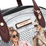 Close-up detail shot of vegan leather Ladies Night Out handbag part of the LADIES NIGHT OUT 3 PIECE SET (Handbag, Crossbody, Wallet). Two stylish ladies getting ready to go out with coffee in their hands and chic, fashionable outfits. Gold-tone hardware and maroon vegan leather dual handles. 