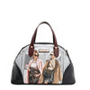 Vegan leather Ladies Night Out dome shaped handbag part of LADIES NIGHT OUT 3 PIECE SET (Handbag, Crossbody, Wallet). Dome shaped zip handbag with dual top handles and side D-rings for optional crossbody strap attachment. Two stylish ladies getting ready to go out with coffee in their hands and chic, fashionable outfits. 