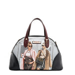 Vegan leather Ladies Night Out dome shaped handbag part of LADIES NIGHT OUT 3 PIECE SET (Handbag, Crossbody, Wallet). Dome shaped zip handbag with dual top handles and side D-rings for optional crossbody strap attachment. Two stylish ladies getting ready to go out with coffee in their hands and chic, fashionable outfits. 