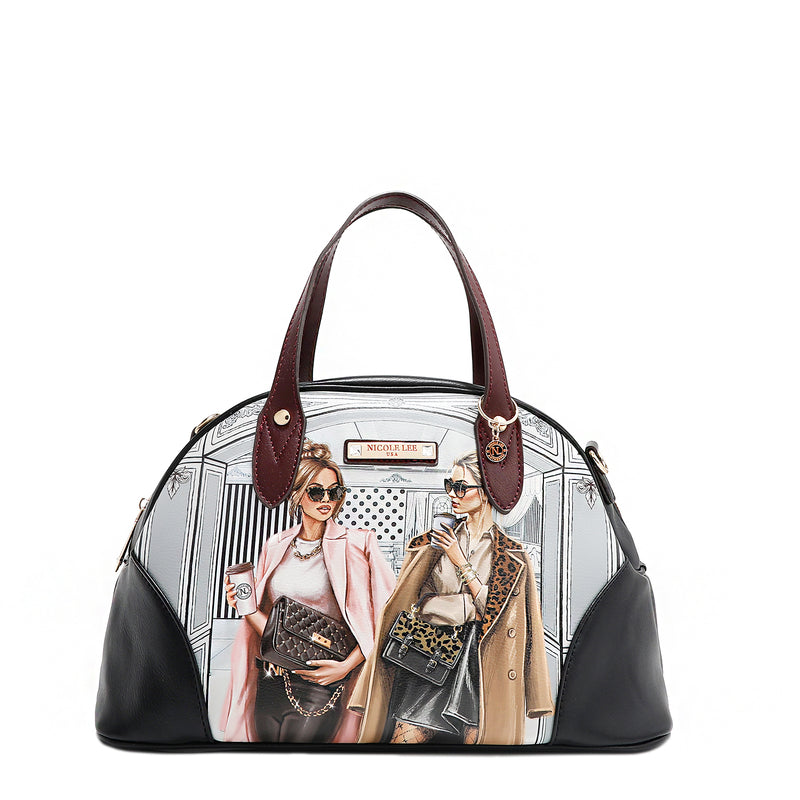 Vegan leather Ladies Night Out dome shaped handbag part of LADIES NIGHT OUT 3 PIECE SET (Handbag, Crossbody, Wallet). Dome shaped zip handbag with dual top handles and side D-rings for optional crossbody strap attachment. Two stylish ladies getting ready to go out with coffee in their hands and chic, fashionable outfits. 