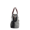 Side of vegan leather Ladies Night Out dome shaped handbag part of LADIES NIGHT OUT 3 PIECE SET (Handbag, Crossbody, Wallet). Dome shaped zip handbag with dual top handles and side D-rings for optional crossbody strap attachment. Gray and black with maroon red accents. 