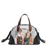 Vegan leather Ladies Night Out dome shaped handbag part of LADIES NIGHT OUT 3 PIECE SET (Handbag, Crossbody, Wallet). Dome shaped zip handbag with dual top handles and adjustable, detachable crossbody strap attachment. Two stylish ladies getting ready to go out with coffee in their hands and chic, fashionable outfits. 