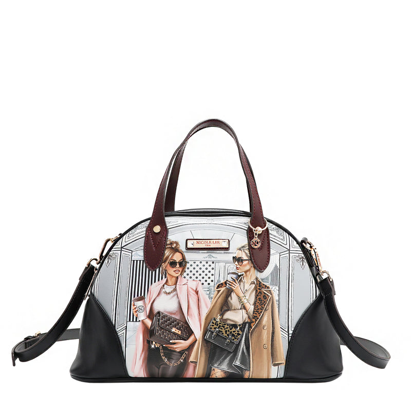 Vegan leather Ladies Night Out dome shaped handbag part of LADIES NIGHT OUT 3 PIECE SET (Handbag, Crossbody, Wallet). Dome shaped zip handbag with dual top handles and adjustable, detachable crossbody strap attachment. Two stylish ladies getting ready to go out with coffee in their hands and chic, fashionable outfits. 
