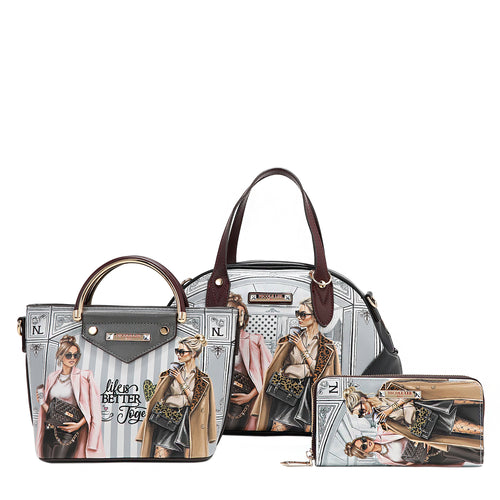 Introducing our Ladies Night Out 3-in-1 handbag set, perfect for city outings and effortlessly transitioning your style from day to night. Vegan leather LADIES NIGHT OUT 3 PIECE SET (Handbag, Crossbody, Wallet) featuring a large dome shaped zip handbag with dual handles, a top handle crossbody, and a zip wallet for 3-in-1 versatility. 