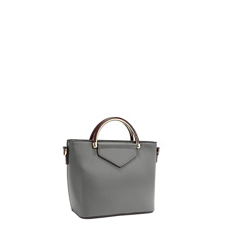 Back angle of vegan leather Ladies Night Out crossbody with top handle part of LADIES NIGHT OUT 3 PIECE SET (Handbag, Crossbody, Wallet). Solid gray back with gold-tone hardware for a chic and refined accent. 