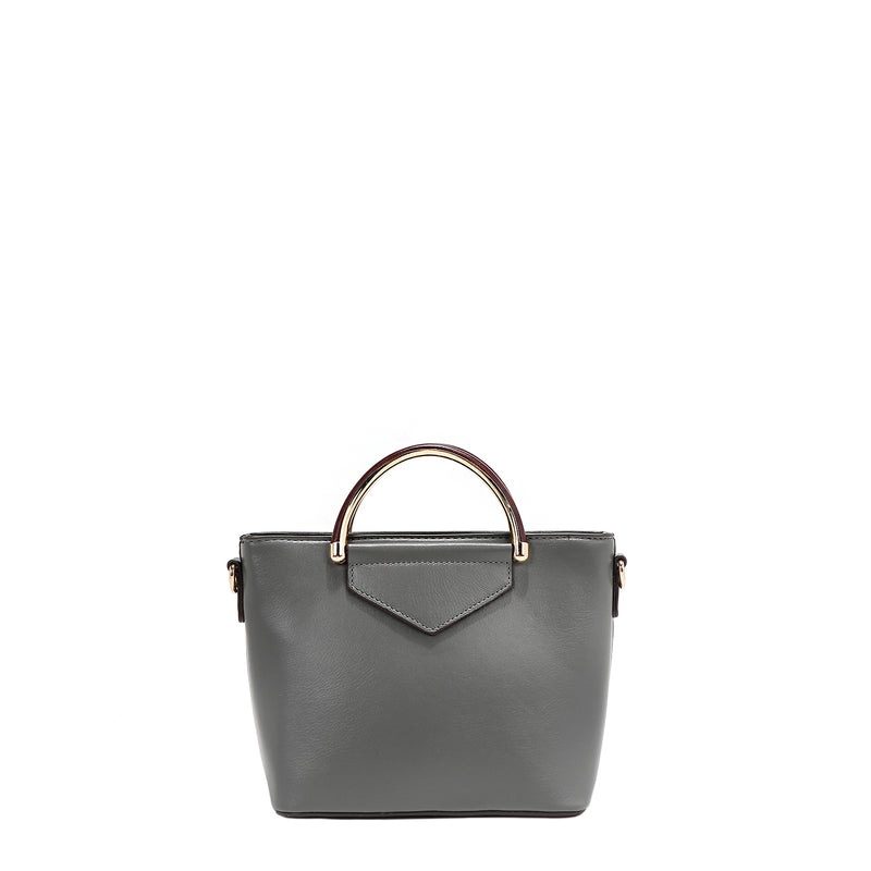 Back of vegan leather Ladies Night Out crossbody with top handle part of LADIES NIGHT OUT 3 PIECE SET (Handbag, Crossbody, Wallet). Solid gray back with gold-tone hardware for a chic and refined accent. 