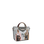 Front angle of vegan leather Ladies Night Out crossbody with top handle part of LADIES NIGHT OUT 3 PIECE SET (Handbag, Crossbody, Wallet). Two stylish ladies getting ready to go out with coffee in their hands and chic, fashionable outfits. 