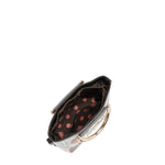 Interior of vegan leather Ladies Night Out crossbody with top handle part of LADIES NIGHT OUT 3 PIECE SET (Handbag, Crossbody, Wallet). Gold-tone hardware handles open up to reveal a polka dot lined interior with interior slip pocket. 