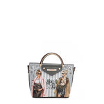 Vegan leather Ladies Night Out crossbody with top handle part of LADIES NIGHT OUT 3 PIECE SET (Handbag, Crossbody, Wallet). Two stylish ladies getting ready to go out with coffee in their hands and chic, fashionable outfits. 