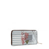Back angle of vegan leather Ladies Night Out zip wallet part of LADIES NIGHT OUT 3 PIECE SET (Handbag, Crossbody, Wallet). Pastel blue and gray striped background with cursive text "Life is better together" with a leopard print heart and a cup of coffee with a heart. 