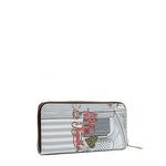 Back angle of vegan leather Ladies Night Out zip wallet part of LADIES NIGHT OUT 3 PIECE SET (Handbag, Crossbody, Wallet). Pastel blue and gray striped background with cursive text "Life is better together" with a leopard print heart and a cup of coffee with a heart. 