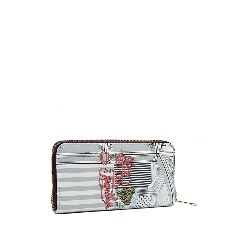 Back angle of vegan leather Ladies Night Out zip wallet part of LADIES NIGHT OUT 3 PIECE SET (Handbag, Crossbody, Wallet). Pastel blue and gray striped background with cursive text "Life is better together" with a leopard print heart and a cup of coffee with a heart. 