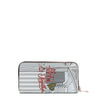 Back of vegan leather Ladies Night Out zip wallet part of LADIES NIGHT OUT 3 PIECE SET (Handbag, Crossbody, Wallet). Pastel blue and gray striped background with cursive text "Life is better together" with a leopard print heart and a cup of coffee with a heart. 