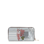 Back of vegan leather Ladies Night Out zip wallet part of LADIES NIGHT OUT 3 PIECE SET (Handbag, Crossbody, Wallet). Pastel blue and gray striped background with cursive text "Life is better together" with a leopard print heart and a cup of coffee with a heart. 