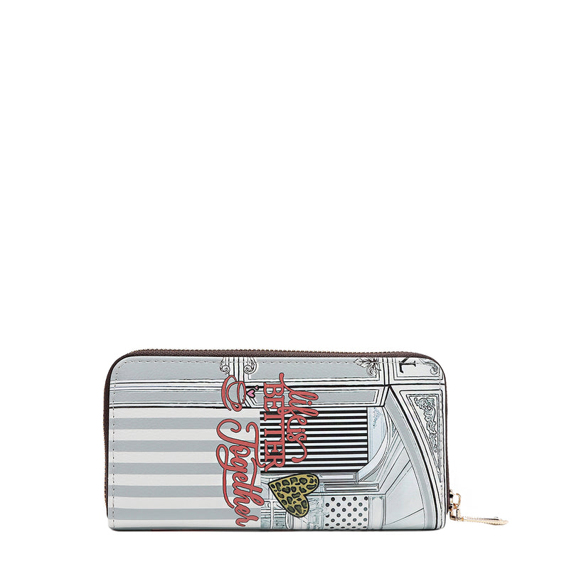 Back of vegan leather Ladies Night Out zip wallet part of LADIES NIGHT OUT 3 PIECE SET (Handbag, Crossbody, Wallet). Pastel blue and gray striped background with cursive text "Life is better together" with a leopard print heart and a cup of coffee with a heart. 