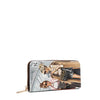 Front angle of vegan leather Ladies Night Out zip wallet part of LADIES NIGHT OUT 3 PIECE SET (Handbag, Crossbody, Wallet). Two stylish ladies getting ready to go out with coffee in their hands and chic, fashionable outfits. Gold-tone hardware and logo nameplate with diamond rhinestones. 