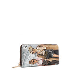 Front angle of vegan leather Ladies Night Out zip wallet part of LADIES NIGHT OUT 3 PIECE SET (Handbag, Crossbody, Wallet). Two stylish ladies getting ready to go out with coffee in their hands and chic, fashionable outfits. Gold-tone hardware and logo nameplate with diamond rhinestones. 