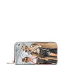 Vegan leather Ladies Night Out zip wallet part of LADIES NIGHT OUT 3 PIECE SET (Handbag, Crossbody, Wallet). Two stylish ladies getting ready to go out with coffee in their hands and chic, fashionable outfits. Gold-tone hardware and logo nameplate with diamond rhinestones. 