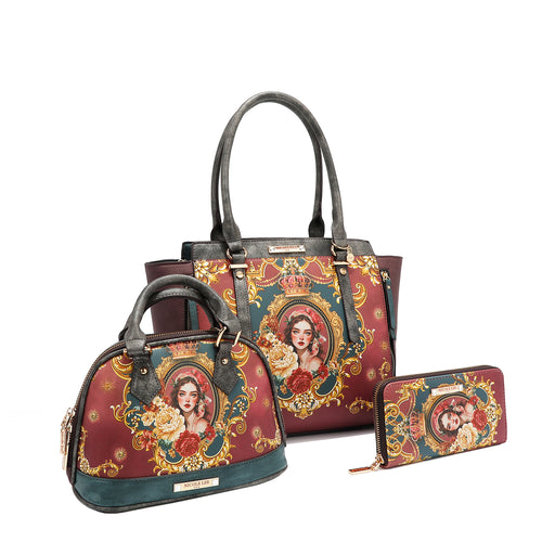 Front angle of the Queen 3-piece vegan leather handbag set is the epitome of elegance and versatility. Featuring a large handbag, a small crossbody, and a zip wallet, each piece is adorned with the stunning Queen print. This multifunctional set effortlessly combines style and functionality, offering a luxurious way to stay organized and make a statement. Metallic shimmer effect in a gray, burgundy red, and dark teal color way. 