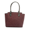 Back of the large Queen vegan leather structured handbag with dual top handles, part of THE QUEEN 3 PIECE SET (Handbag, Crossbody, Wallet). Burgundy red solid back with metallic gray handles for a pop of shimmer and elegance.