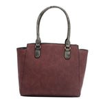 Back of the large Queen vegan leather structured handbag with dual top handles, part of THE QUEEN 3 PIECE SET (Handbag, Crossbody, Wallet). Burgundy red solid back with metallic gray handles for a pop of shimmer and elegance.