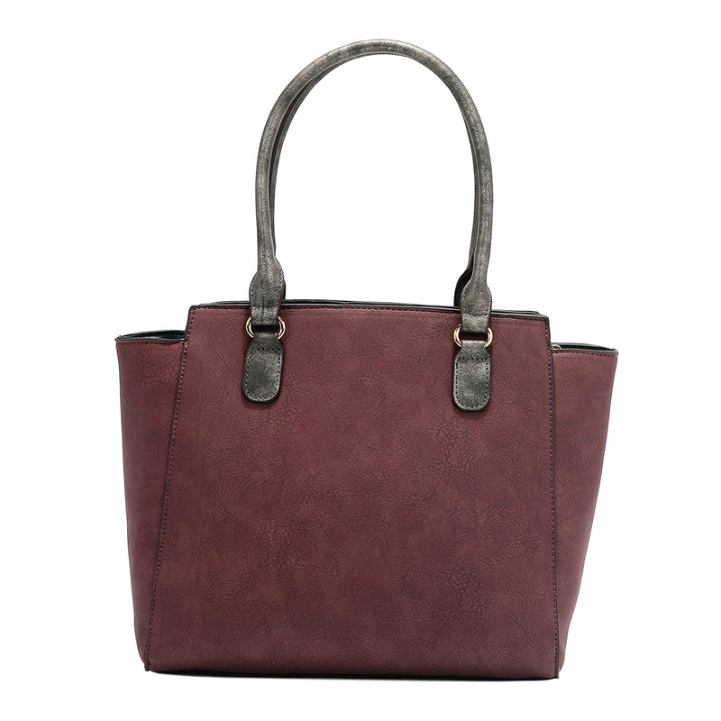 Back of the large Queen vegan leather structured handbag with dual top handles, part of THE QUEEN 3 PIECE SET (Handbag, Crossbody, Wallet). Burgundy red solid back with metallic gray handles for a pop of shimmer and elegance.