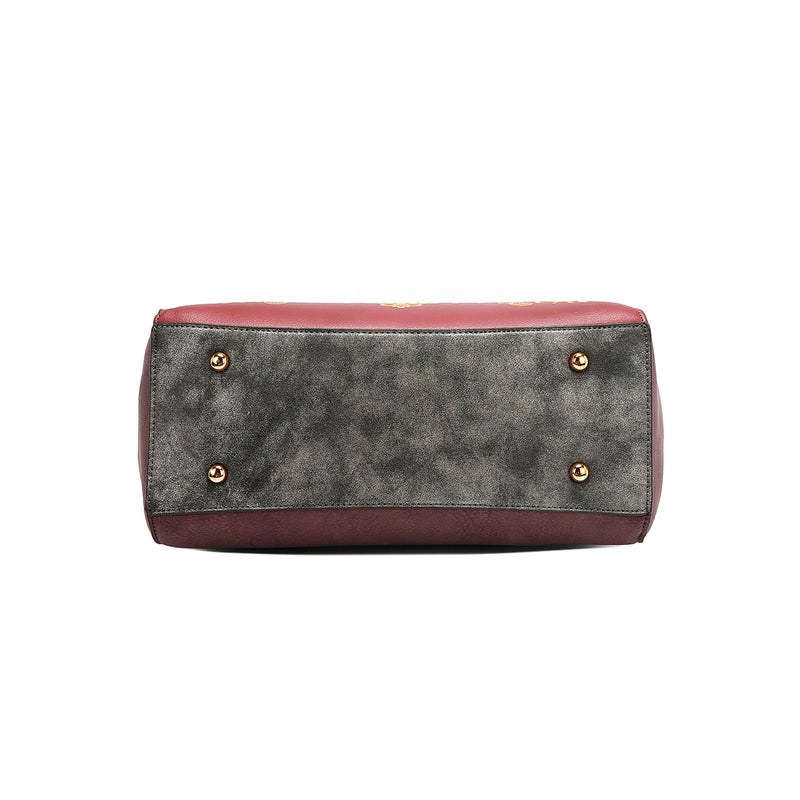Structured base of the large Queen vegan leather structured handbag, part of THE QUEEN 3 PIECE SET (Handbag, Crossbody, Wallet). Gray washed effect base with metallic shimmer effect and gold-tone hardware studs to protect the base from scratches when setting bag down. 