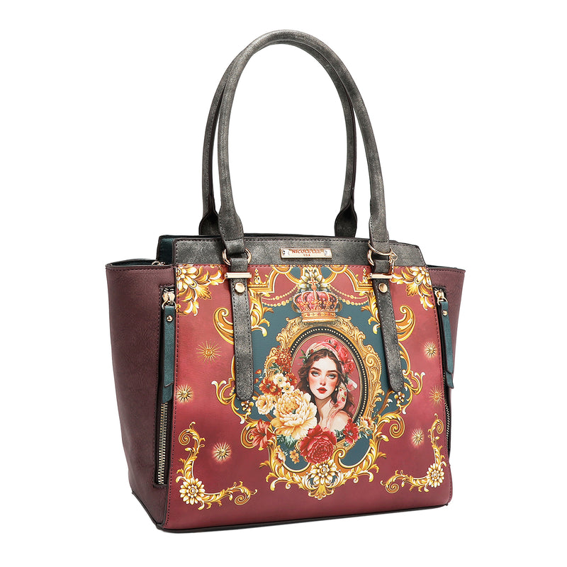 Front angle of the Queen vegan leather structured handbag with dual top handles, part of THE QUEEN 3 PIECE SET (Handbag, Crossbody, Wallet). Side zip pocket details with tassel zipper pulls and a captivating and stunning baroque-inspired print of a style queen fit for the royal family.