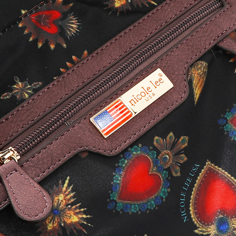 Close up interior shot of the Queen vegan leather structured handbag interior, part of THE QUEEN 3 PIECE SET (Handbag, Crossbody, Wallet). Back interior zip pocket with vegan leather accents and logo engraved gold-tone nameplate with american flag. 