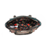 Spacious interior of the large Queen vegan leather structured handbag with dual top handles, part of THE QUEEN 3 PIECE SET (Handbag, Crossbody, Wallet). Exclusive fashion print interior polyester lining of mixed hearts. Spacious zip interior with back interior zip pocket and two front interior slip pockets and key ring strap to attach keys. 
