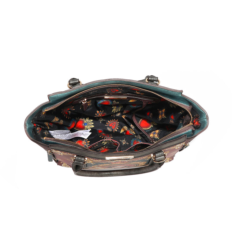Spacious interior of the large Queen vegan leather structured handbag with dual top handles, part of THE QUEEN 3 PIECE SET (Handbag, Crossbody, Wallet). Exclusive fashion print interior polyester lining of mixed hearts. Spacious zip interior with back interior zip pocket and two front interior slip pockets and key ring strap to attach keys. 