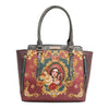Large Queen vegan leather structured handbag with dual top handles, part of THE QUEEN 3 PIECE SET (Handbag, Crossbody, Wallet). Side zip pocket details with tassel zipper pulls and a captivating and stunning baroque-inspired print of a style queen fit for the royal family.