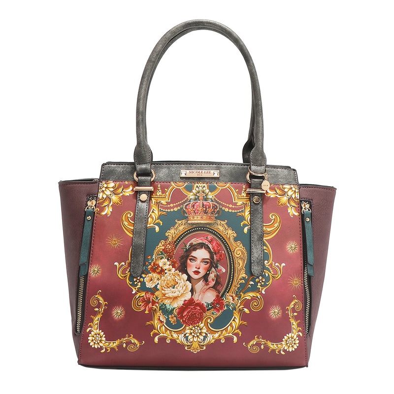 Large Queen vegan leather structured handbag with dual top handles, part of THE QUEEN 3 PIECE SET (Handbag, Crossbody, Wallet). Side zip pocket details with tassel zipper pulls and a captivating and stunning baroque-inspired print of a style queen fit for the royal family.