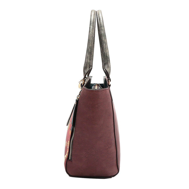 Side of the Queen vegan leather structured handbag with dual top handles, part of THE QUEEN 3 PIECE SET (Handbag, Crossbody, Wallet). Slim yet spacious silhouette and side profile. 