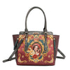 The Queen vegan leather structured handbag with dual top handles and optional shoulder strap attached, part of THE QUEEN 3 PIECE SET (Handbag, Crossbody, Wallet). Side zip pocket details with tassel zipper pulls and a captivating and stunning baroque-inspired print of a style queen fit for the royal family.