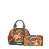 Vegan leather the Queen dome-shaped crossbody and matching print bifold zip wallet, part of THE QUEEN 3 PIECE SET (Handbag, Crossbody, Wallet). A captivating and stunning baroque-inspired print of a style queen fit for the royal family. Burgundy red and dark teal colorway with gray accents finished with a  subtle metallic effect for a touch of shimmer wherever you go. 