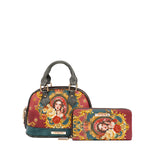 Vegan leather the Queen dome-shaped crossbody and matching print bifold zip wallet, part of THE QUEEN 3 PIECE SET (Handbag, Crossbody, Wallet). A captivating and stunning baroque-inspired print of a style queen fit for the royal family. Burgundy red and dark teal colorway with gray accents finished with a  subtle metallic effect for a touch of shimmer wherever you go. 