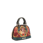 Front angle of the vegan leather the Queen dome-shaped crossbody, part of THE QUEEN 3 PIECE SET (Handbag, Crossbody, Wallet). A captivating and stunning baroque-inspired print of a style queen fit for the royal family. Burgundy red and dark teal colorway with gray accents finished with a  subtle metallic effect for a touch of shimmer wherever you go. Dual top handles and two-way main zip closure.