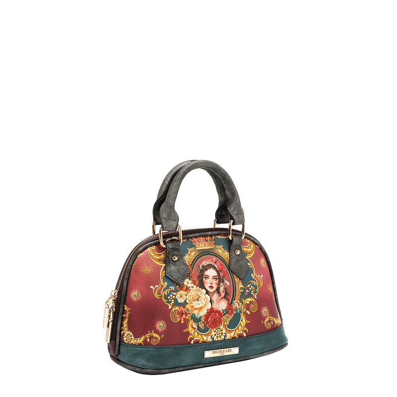 Front angle of the vegan leather the Queen dome-shaped crossbody, part of THE QUEEN 3 PIECE SET (Handbag, Crossbody, Wallet). A captivating and stunning baroque-inspired print of a style queen fit for the royal family. Burgundy red and dark teal colorway with gray accents finished with a  subtle metallic effect for a touch of shimmer wherever you go. Dual top handles and two-way main zip closure.