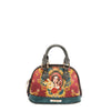Vegan leather the Queen dome-shaped crossbody, part of THE QUEEN 3 PIECE SET (Handbag, Crossbody, Wallet). A captivating and stunning baroque-inspired print of a style queen fit for the royal family. Burgundy red and dark teal colorway with gray accents finished with a  subtle metallic effect for a touch of shimmer wherever you go. Dual top handles and two-way main zip closure.