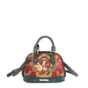 Vegan leather the Queen dome-shaped crossbody with optional shoulder strap attached, part of THE QUEEN 3 PIECE SET (Handbag, Crossbody, Wallet). A captivating and stunning baroque-inspired print of a style queen fit for the royal family. Burgundy red and dark teal colorway with gray accents finished with a  subtle metallic effect for a touch of shimmer wherever you go. Dual top handles and two-way main zip closure.
