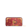 Back of the vegan leather the Queen bifold zip wallet, part of THE QUEEN 3 PIECE SET (Handbag, Crossbody, Wallet). A captivating and stunning baroque-inspired print of a style queen fit for the royal family. Burgundy red and dark teal colorway with gold-tone hardware. Main zip closure.