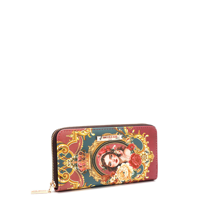 Front angle of the vegan leather the Queen bifold zip wallet, part of THE QUEEN 3 PIECE SET (Handbag, Crossbody, Wallet). A captivating and stunning baroque-inspired print of a style queen fit for the royal family. Burgundy red and dark teal colorway with gold-tone hardware. Main zip closure.