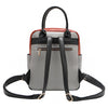 Back of the Nicole Lee vegan leather Violet Blossoms backpack, part of the VIOLET BLOSSOM 3 PIECE SET (Backpack, Crossbody, Wallet). Glossy patent leather dual top handles and dual shoulder straps for varied carrying options. Additional back zip pocket with bow zipper puller for easy and secure access to your most-used essentials. 